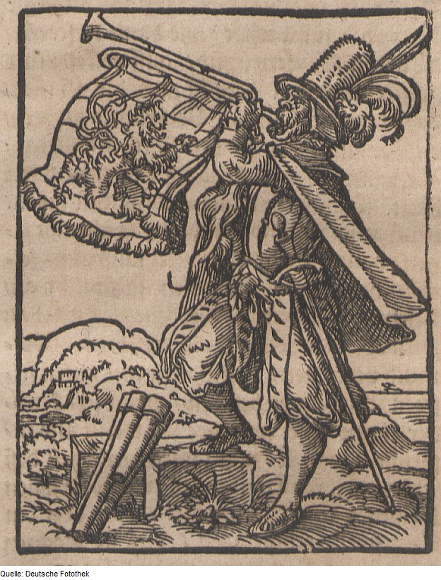 Woodcut by Tommaso Garzoni depicting a town crier with a trumpet